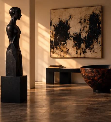Dark figurative sculpture beside a gold and black abstract painting