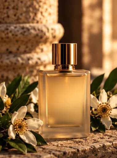 Amber perfume bottle with a gold cap among white flowers