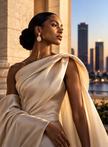 Woman in an ivory couture gown beside sunlit stone columns