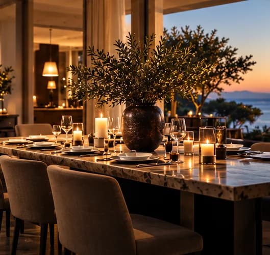 Candlelit marble dining table and upholstered chairs in a sunset-lit interior