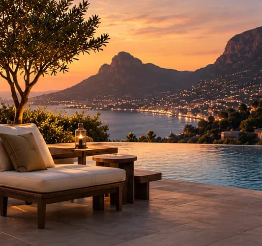 Infinity pool and terrace overlooking a mountain-framed bay at sunset