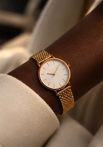 Gold mesh-strap watch with an ivory dial on a wrist
